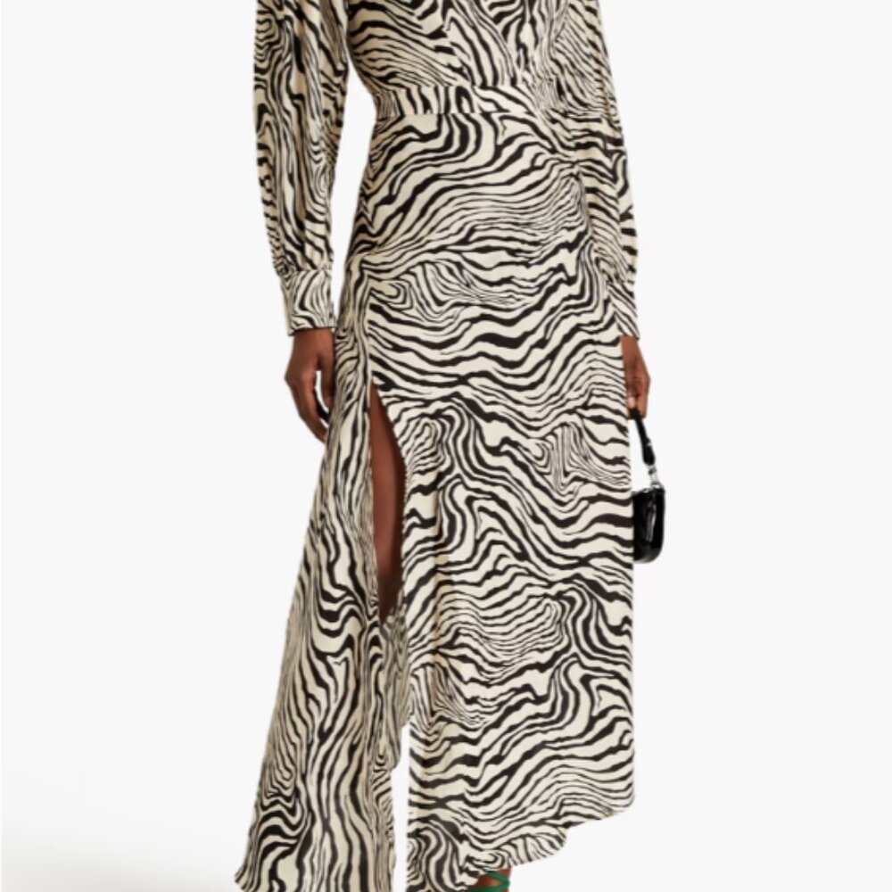 Stunning UNWORN Ronny Kobo 'Estelle' asymmetric zebra-print satin maxi dress